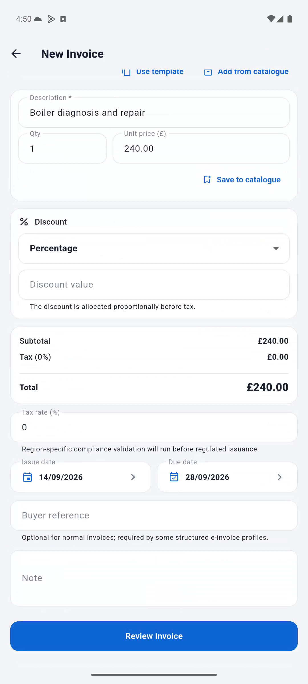 Doravo invoice workflow in English with GBP