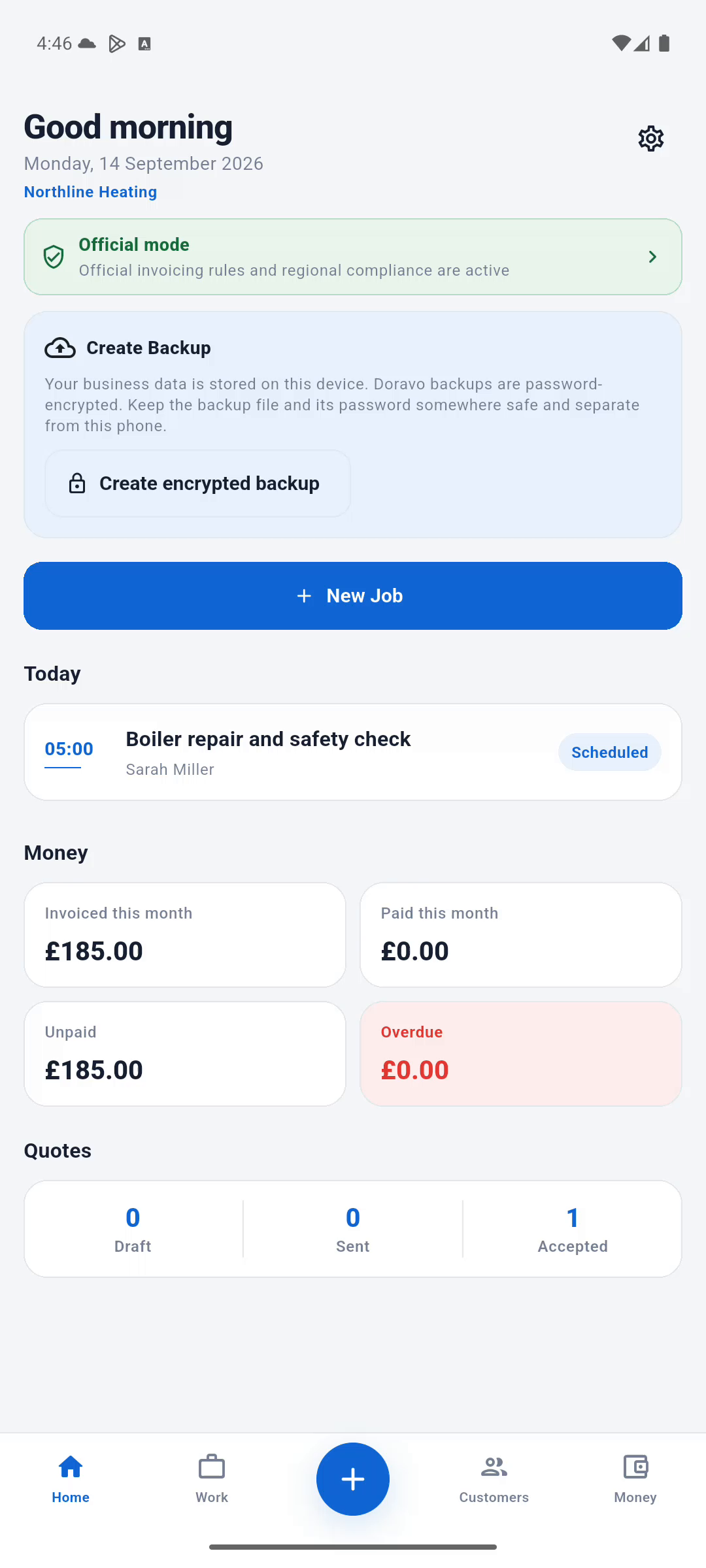 Doravo home and jobs screen with pound amounts