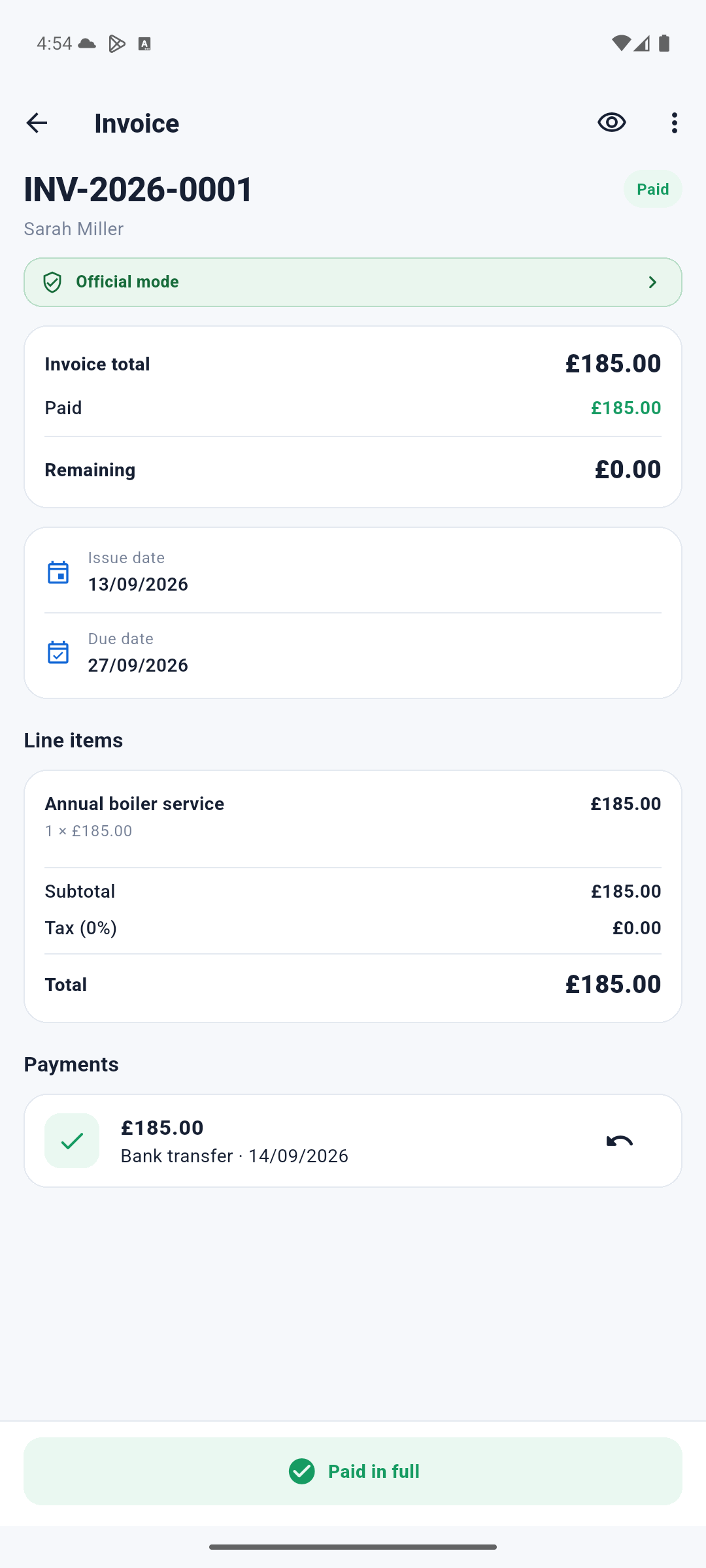 Doravo paid invoice in English with GBP